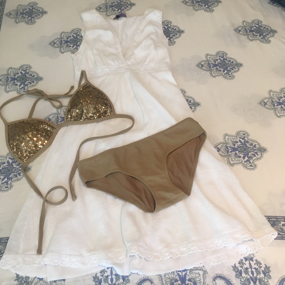 White Beach Coverup and Sparkly Swimsuit
